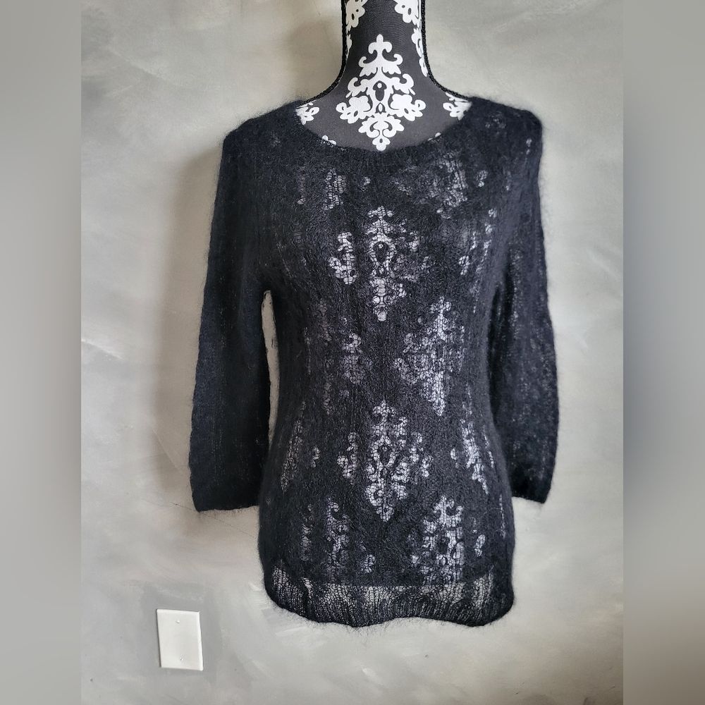 Ralph Lauren Black Sheer Cable Knit Mohair Polyester Blend Crewneck Sweater Sz M